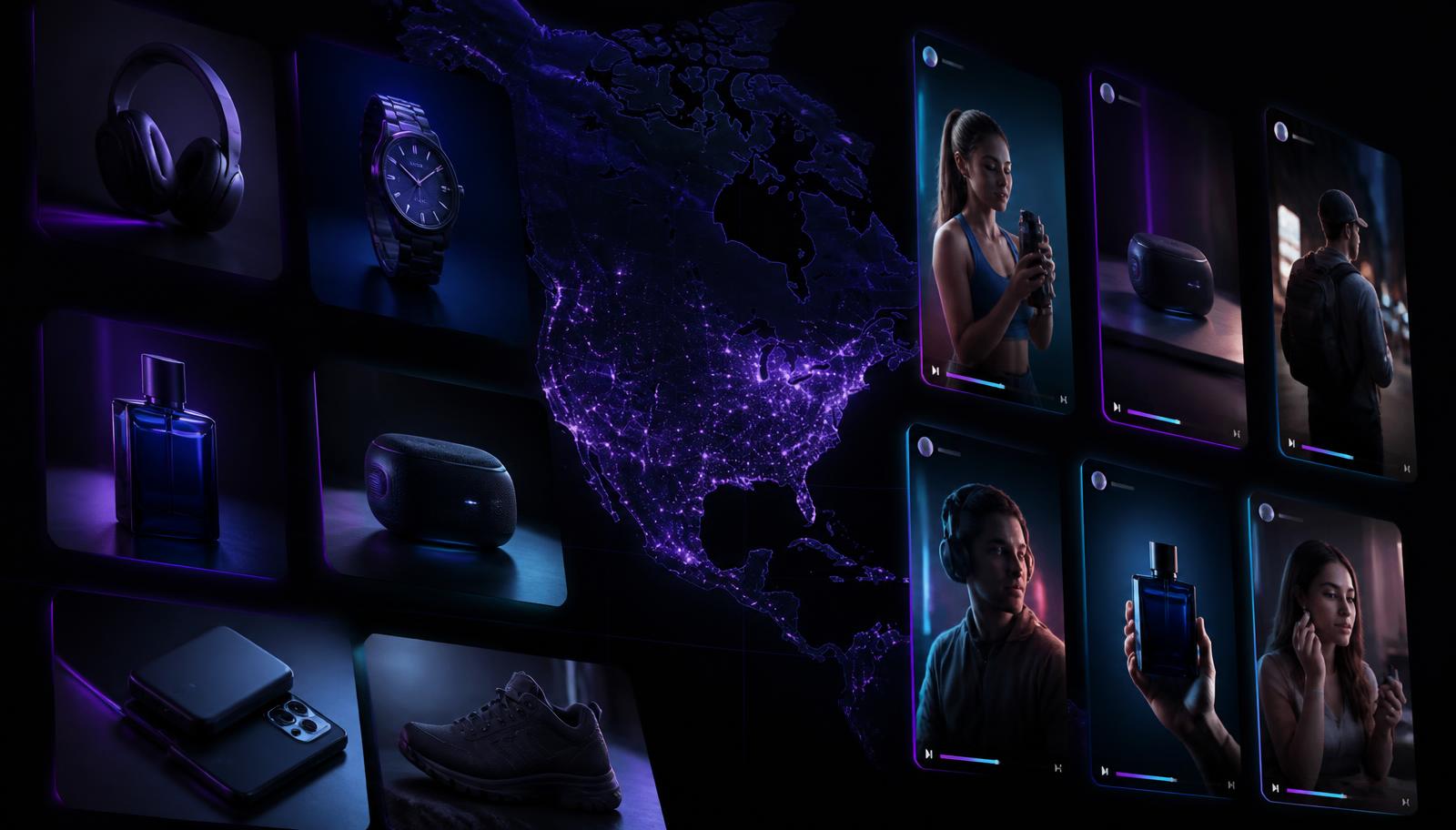 Grid of ecommerce product photos and vertical UGC video ad frames over a North America map
