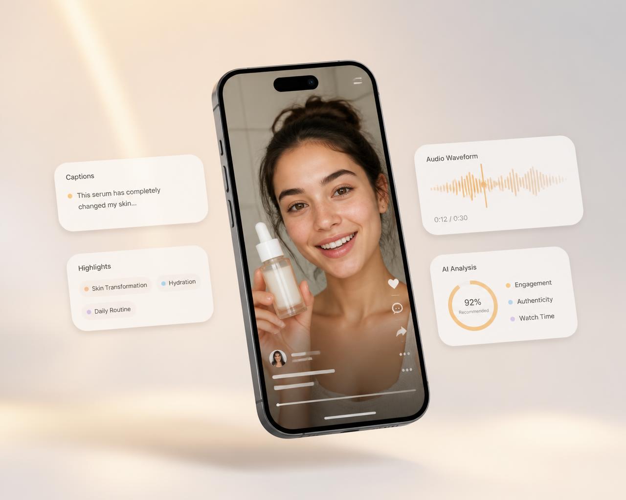 Vertical UGC-style ad being generated inside XM Promo Services with captions, voice waveform and AI analysis panels